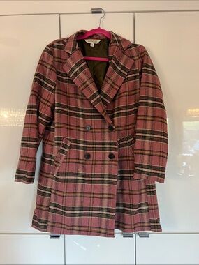 DAVI & DANI Pink Plaid Double-Breasted Pea Coat